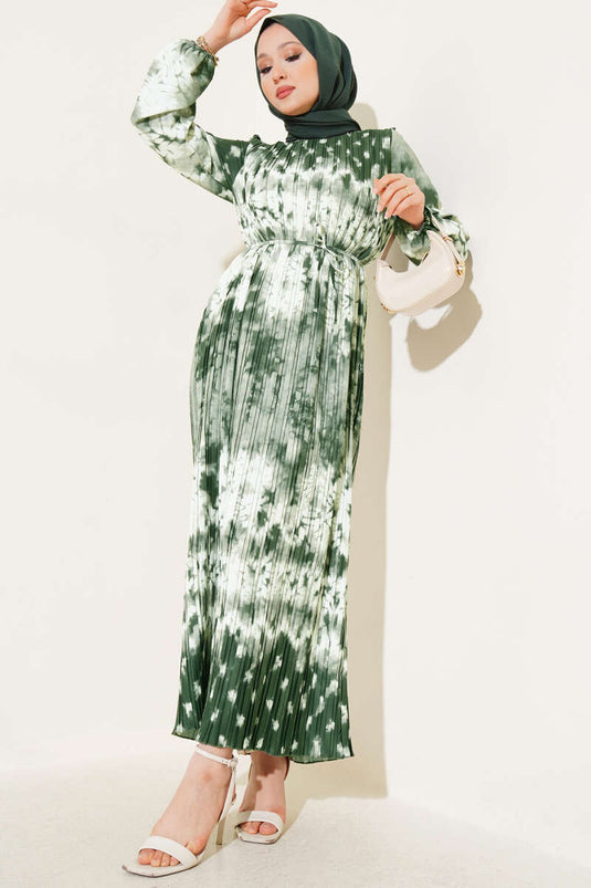 Batik Pattern Pleated Belted Dress Khaki