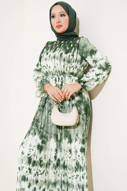 Batik Pattern Pleated Belted Dress Khaki