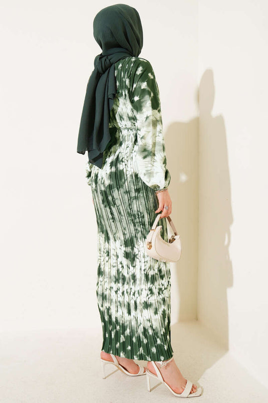 Batik Pattern Pleated Belted Dress Khaki