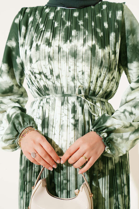 Batik Pattern Pleated Belted Dress Khaki