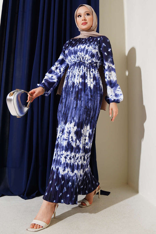 Batik Pattern Pleated Belted Dress Navy Blue