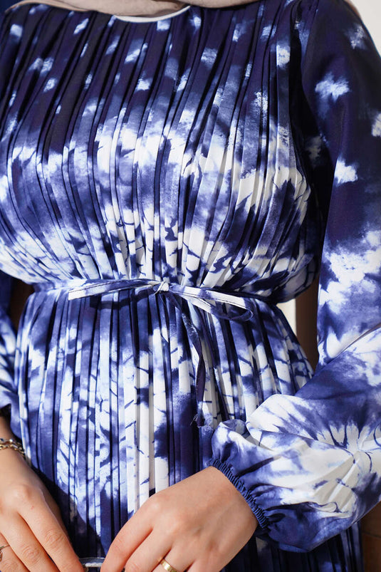 Batik Pattern Pleated Belted Dress Navy Blue