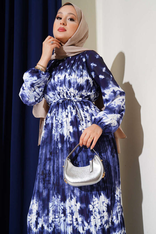 Batik Pattern Pleated Belted Dress Navy Blue