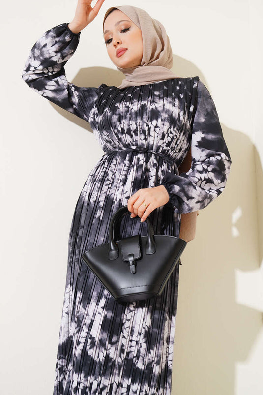 Batik Pattern Pleated Belted Dress Black