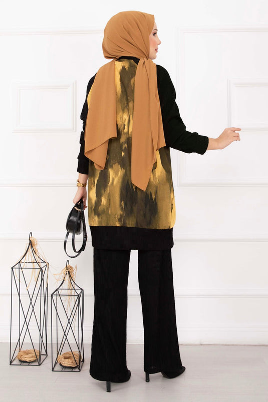 Batik Desen Ribanalı Tesettür İkili Takım Hardal