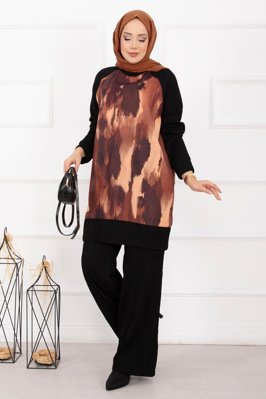 Batik Desen Ribanalı Tesettür İkili Takım Kiremit