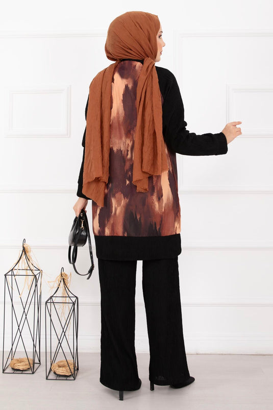 Batik Desen Ribanalı Tesettür İkili Takım Kiremit