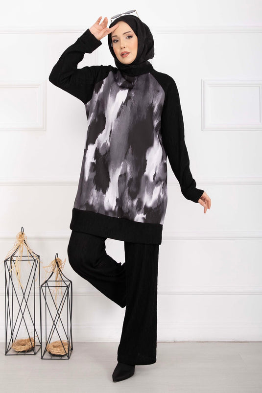 Batik Pattern Ribbed Modest Two-Piece Set Black