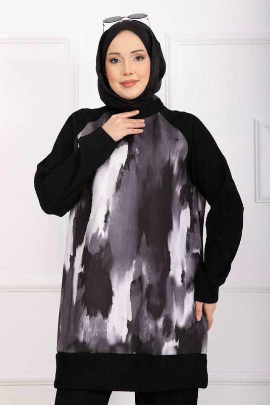 Batik Pattern Ribbed Modest Two-Piece Set Black