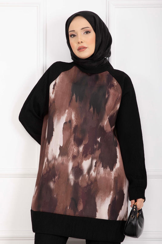 Batik Pattern Ribbed Modest Two-Piece Set in Chestnut