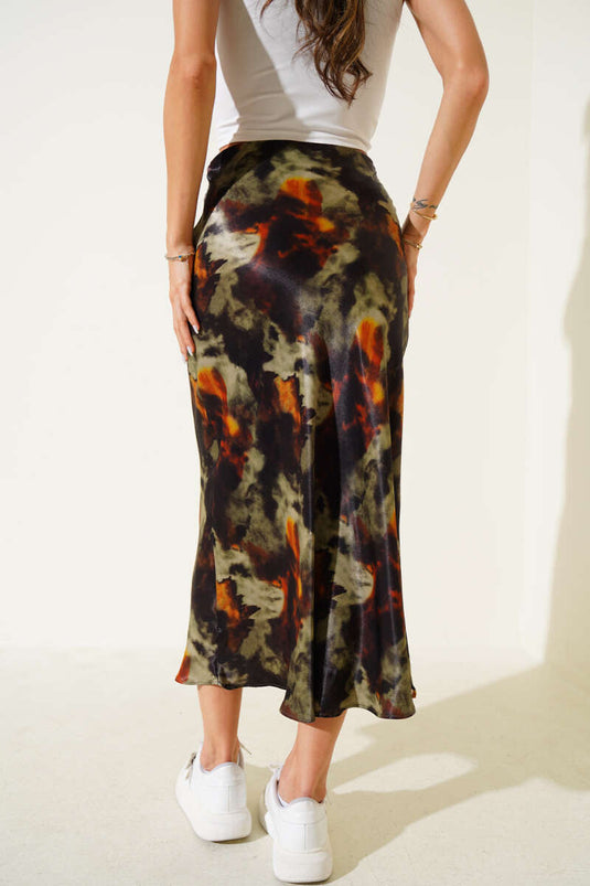 Batik Pattern Satin Midi Skirt Khaki