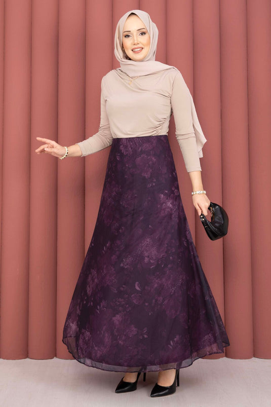 Jupe en tulle motif batik prune