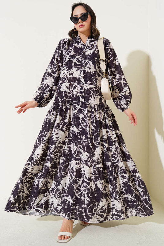 Batik Desen Yarım Düğmeli Elbise Mürdüm