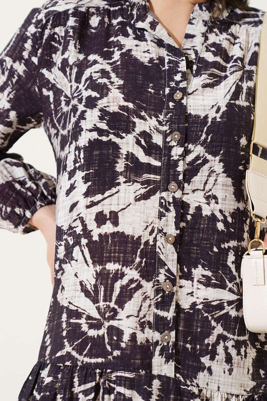 Batik Desen Yarım Düğmeli Elbise Mürdüm