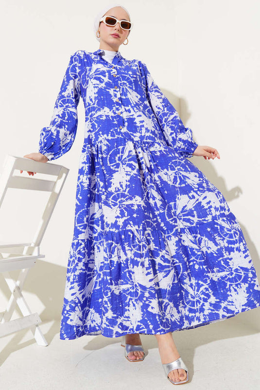 Batik Pattern Half Button Dress Royal Blue