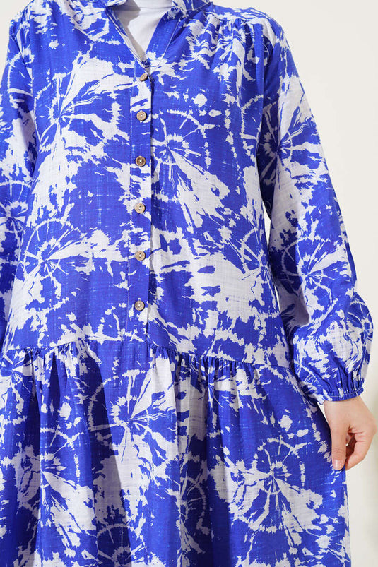 Batik Pattern Half Button Dress Royal Blue