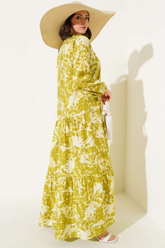 Batik Desen Yarım Düğmeli Elbise Yağ Yeşili