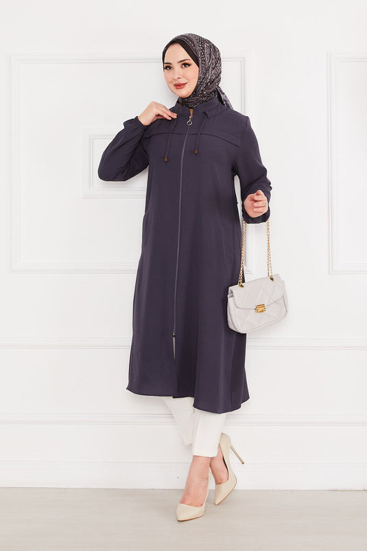 Battal Beden Zippered Modest Coat Gray