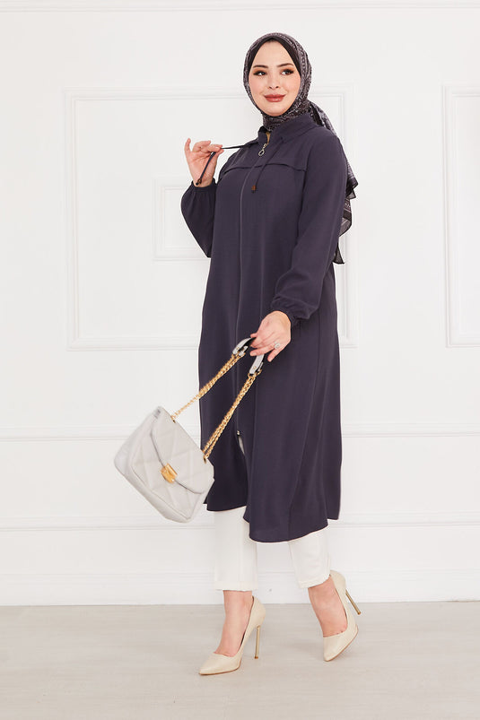 Battal Beden Zippered Modest Coat Gray