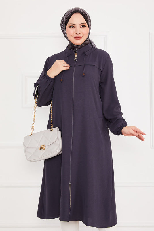 Battal Beden Zippered Modest Coat Gray