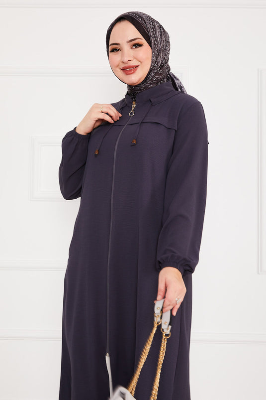 Battal Beden Zippered Modest Coat Gray