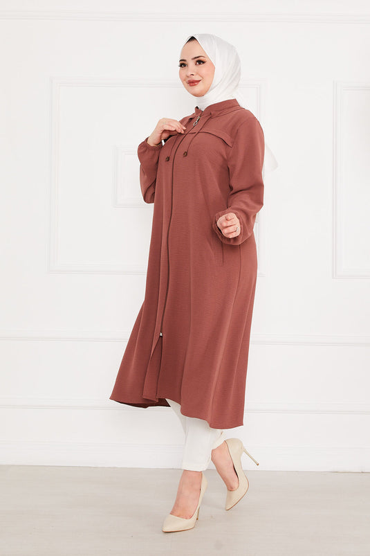 Battal Beden Zippered Modest Coat Rose Pink