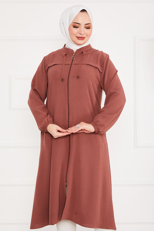 Battal Beden Zippered Modest Coat Rose Pink