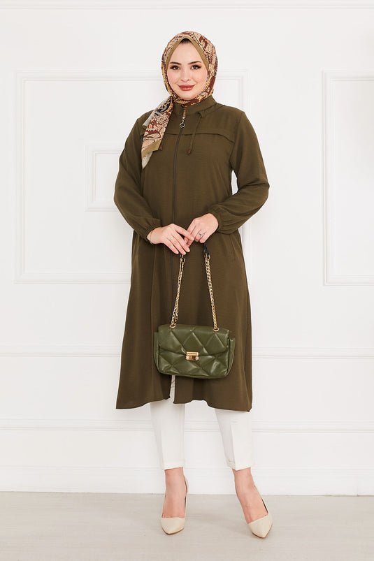 Battal Beden Zippered Modest Coat Khaki