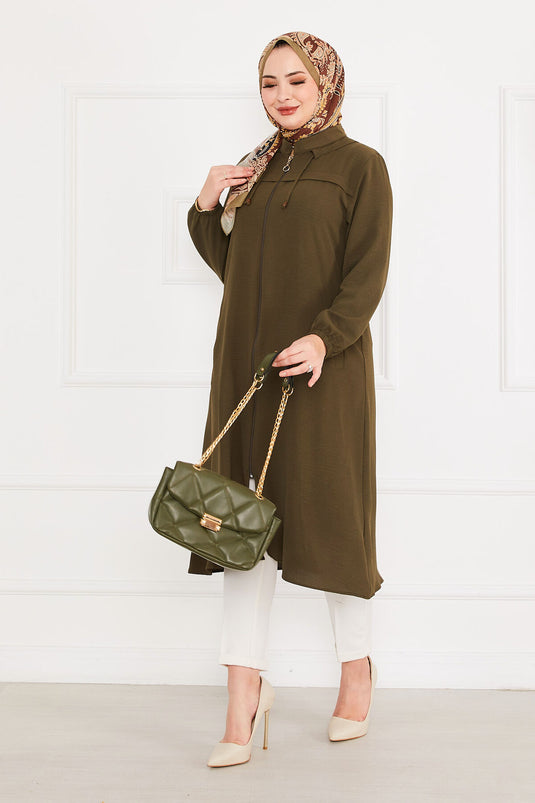 Battal Beden Zippered Modest Coat Khaki