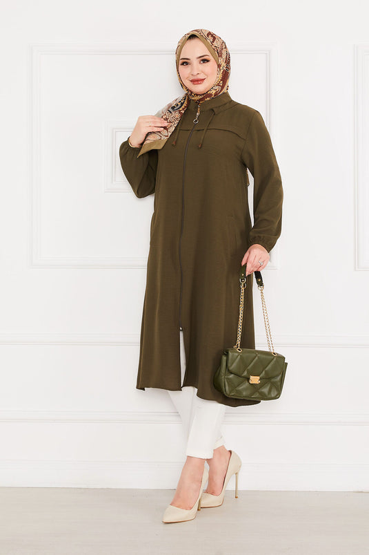 Battal Beden Zippered Modest Coat Khaki