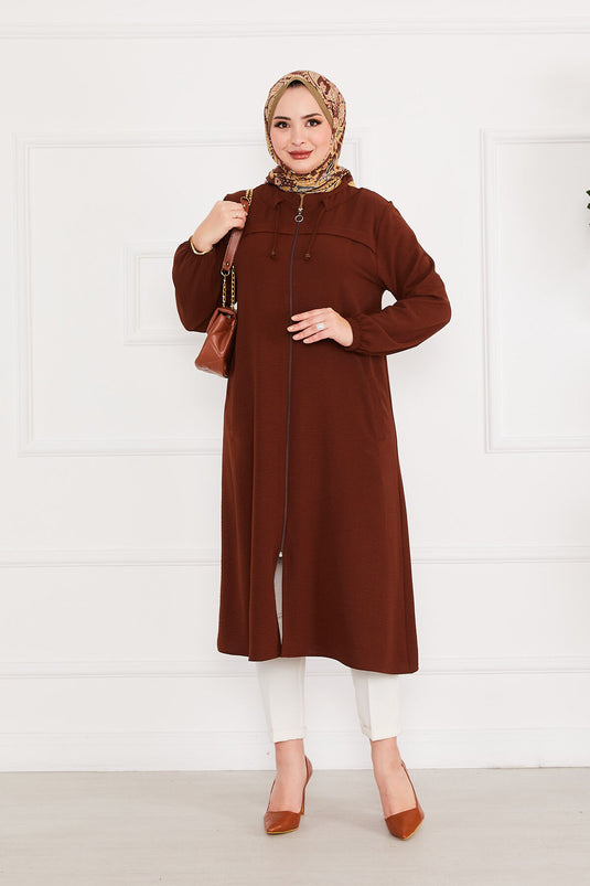 Battal Beden Zippered Modest Coat Brown