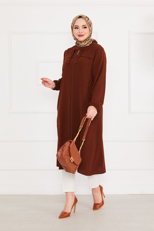 Battal Beden Zippered Modest Coat Brown