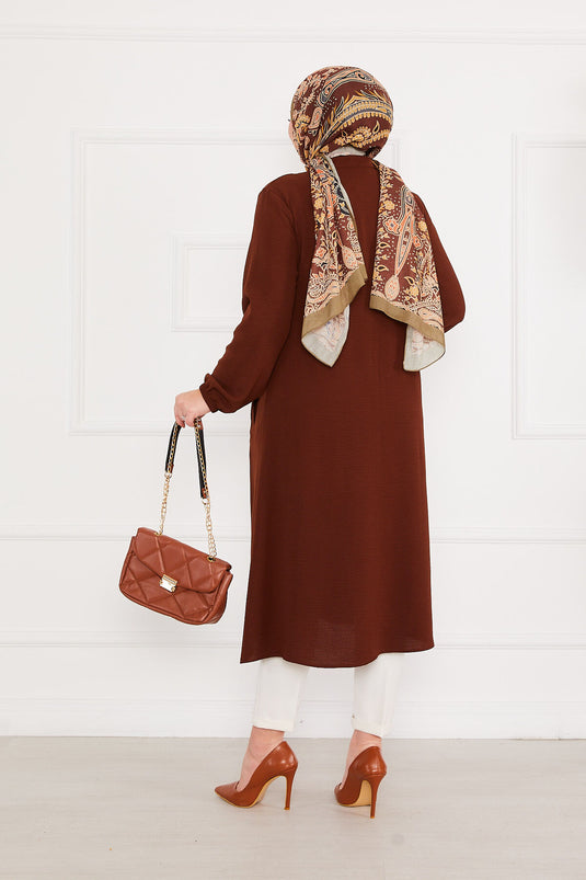 Battal Beden Zippered Modest Coat Brown