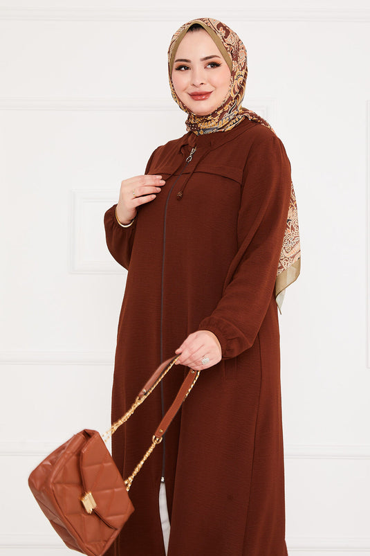 Battal Beden Zippered Modest Coat Brown