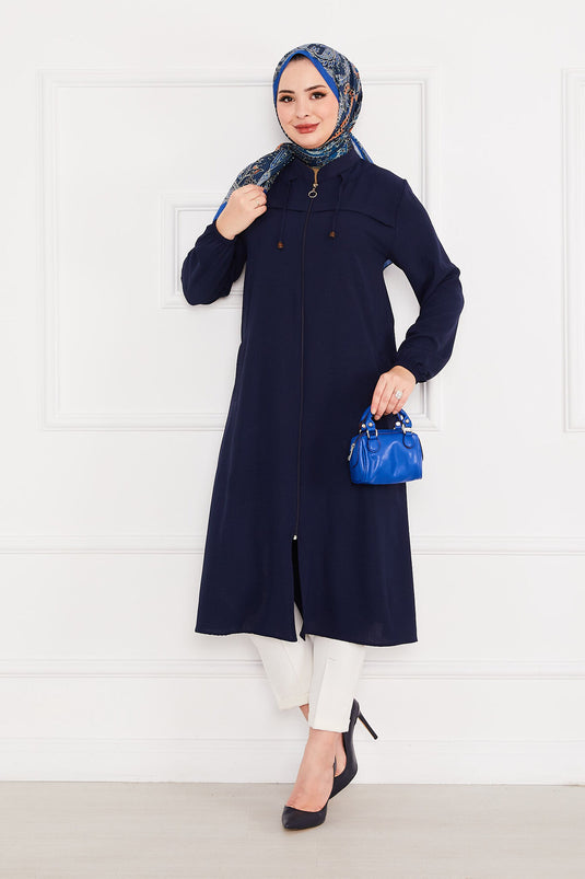 Battal Beden Zippered Modest Coat Navy Blue