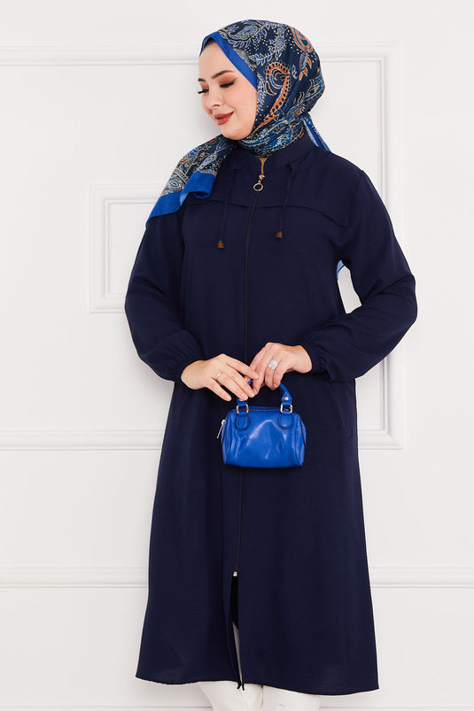 Battal Beden Zippered Modest Coat Navy Blue