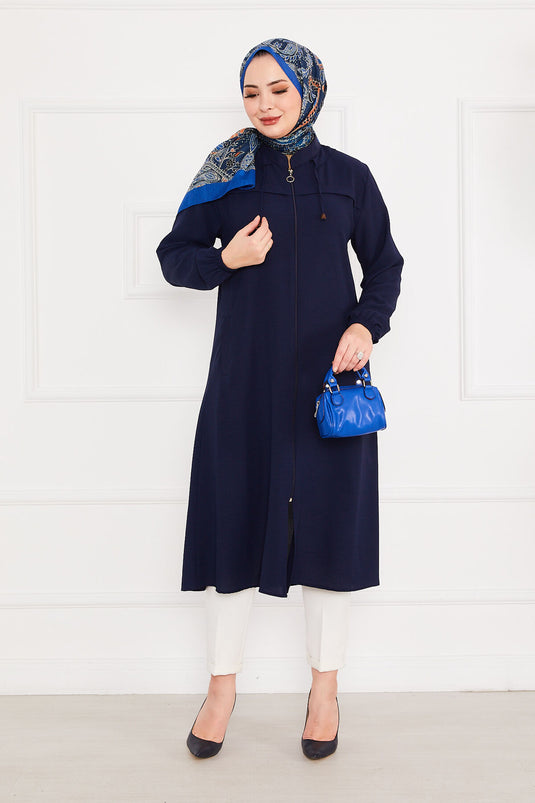 Battal Beden Zippered Modest Coat Navy Blue