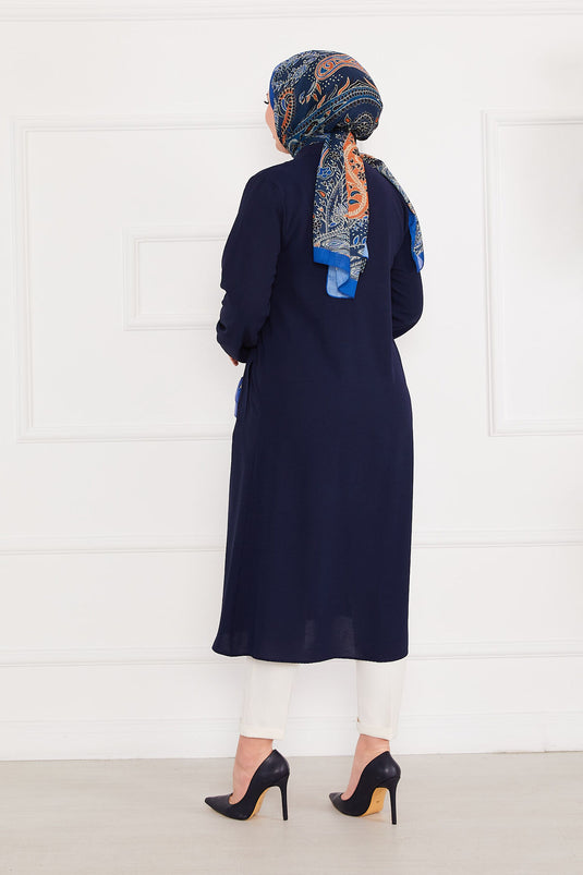 Battal Beden Zippered Modest Coat Navy Blue