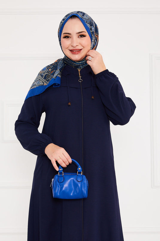 Battal Beden Zippered Modest Coat Navy Blue