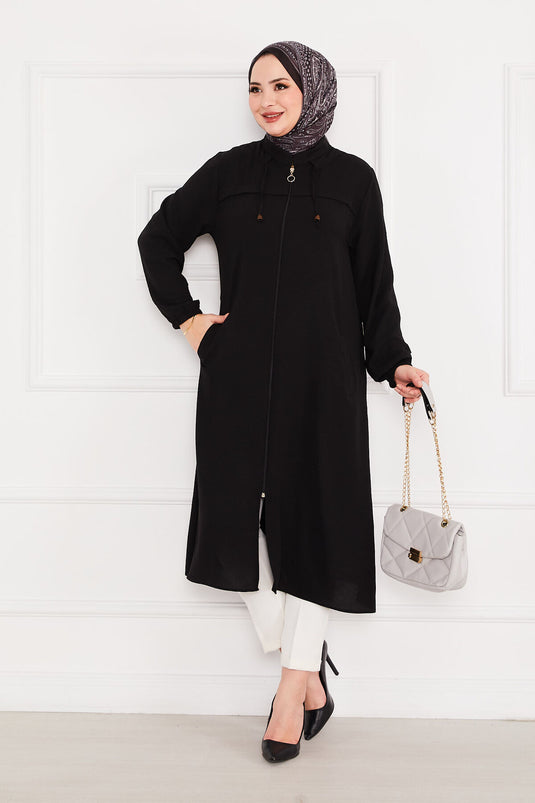 Battal Beden Zippered Modest Coat Black