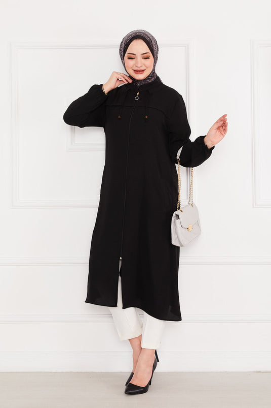 Battal Beden Zippered Modest Coat Black