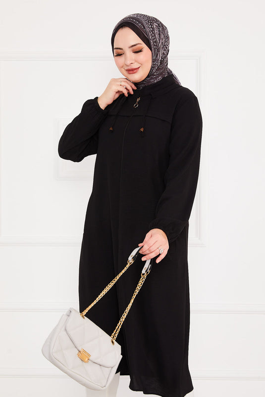 Battal Beden Zippered Modest Coat Black