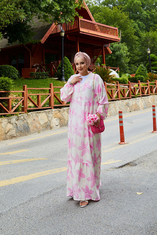 Battal Beden Yarım Düğmeli Desenli Elbise Pembe