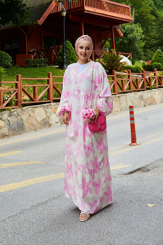 Battal Beden Yarım Düğmeli Desenli Elbise Pembe