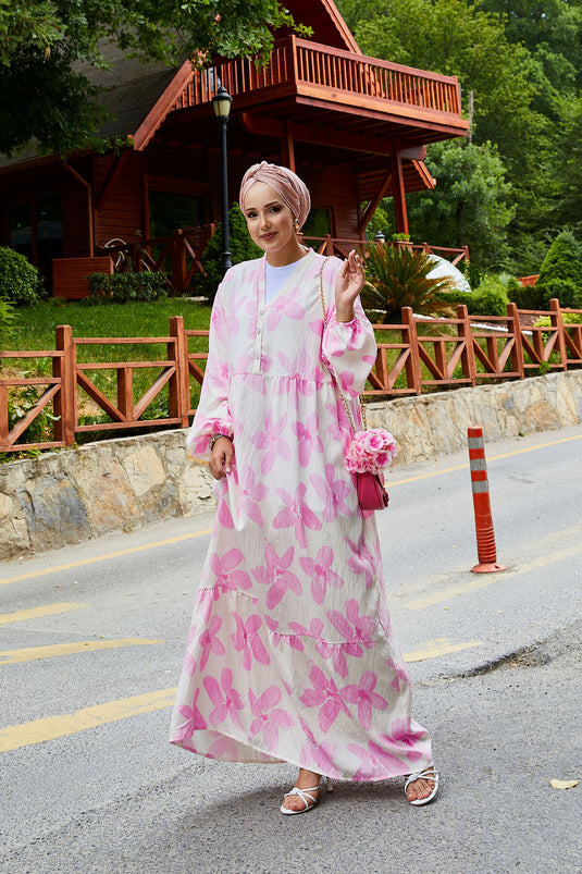 Battal Beden Yarım Düğmeli Desenli Elbise Pembe