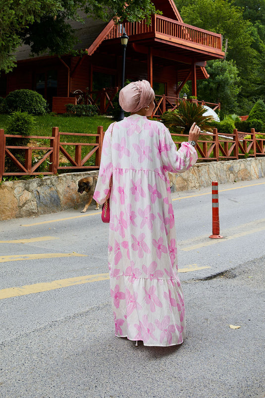 Battal Beden Yarım Düğmeli Desenli Elbise Pembe