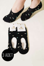 Lot de 3 mini-chaussettes ballerines fleuries noires pour femme