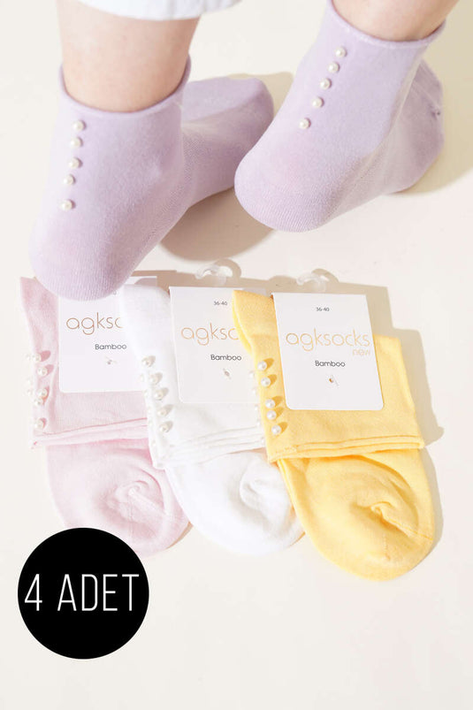 Assortiment de 4 paires de chaussettes courtes pour femmes ornées de perles 1