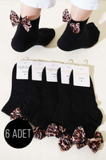 Lot de 6 paires de chaussettes léopard à ruban noires pour femmes