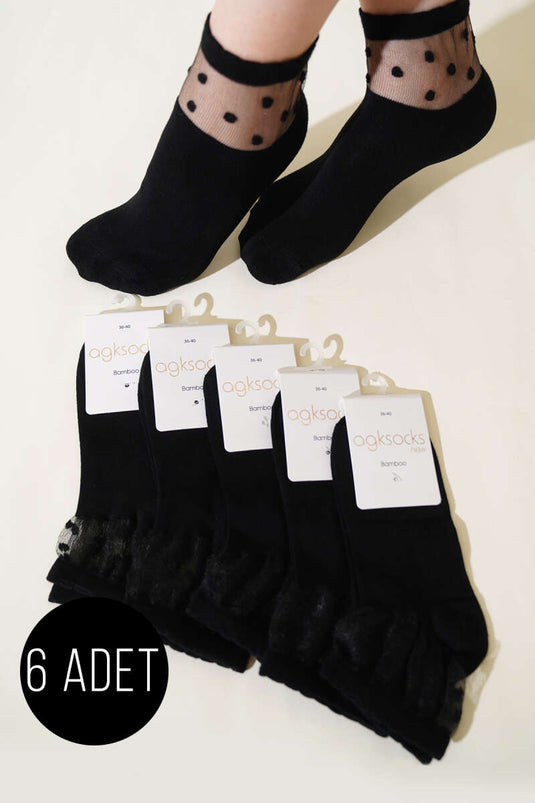 Lot de 6 paires de chaussettes courtes en tulle à pois pour femme, noires
